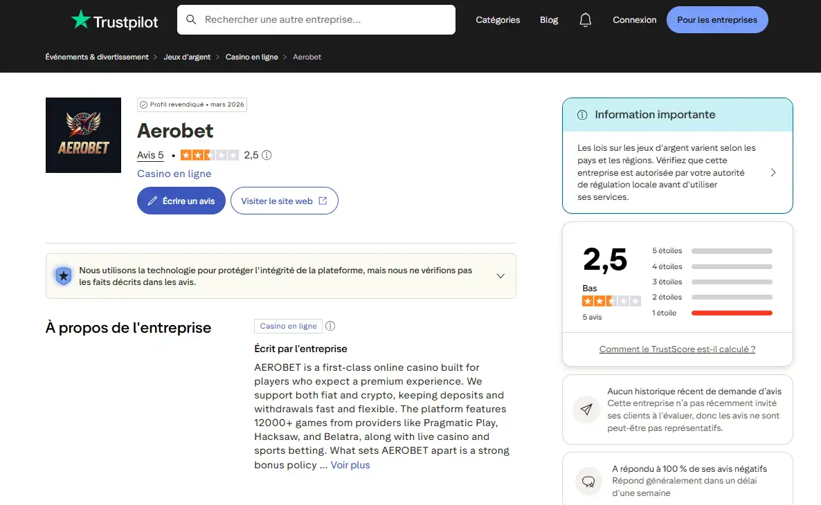 Profil Trustpilot d'aerobet.com avec la note et le nombre d'avis