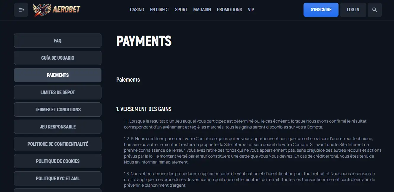 Paiements Aerobet: dépôts, retraits, EUR et cryptomonnaies