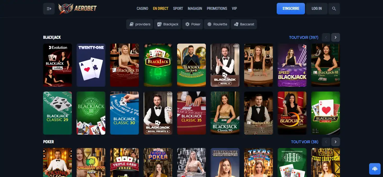 Lobby du casino en direct Aerobet avec catégories live