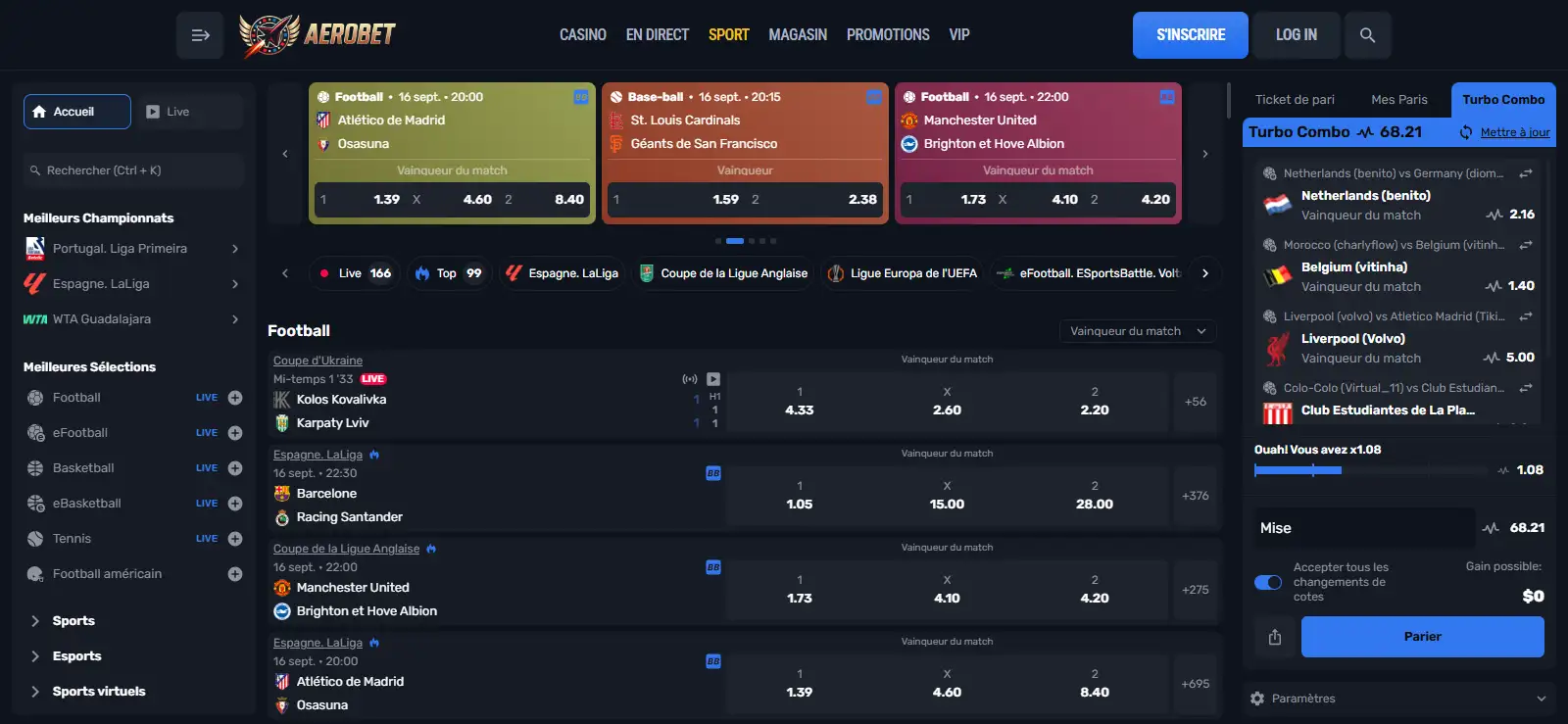 Interface sportsbook Aerobet avec navigation Sport