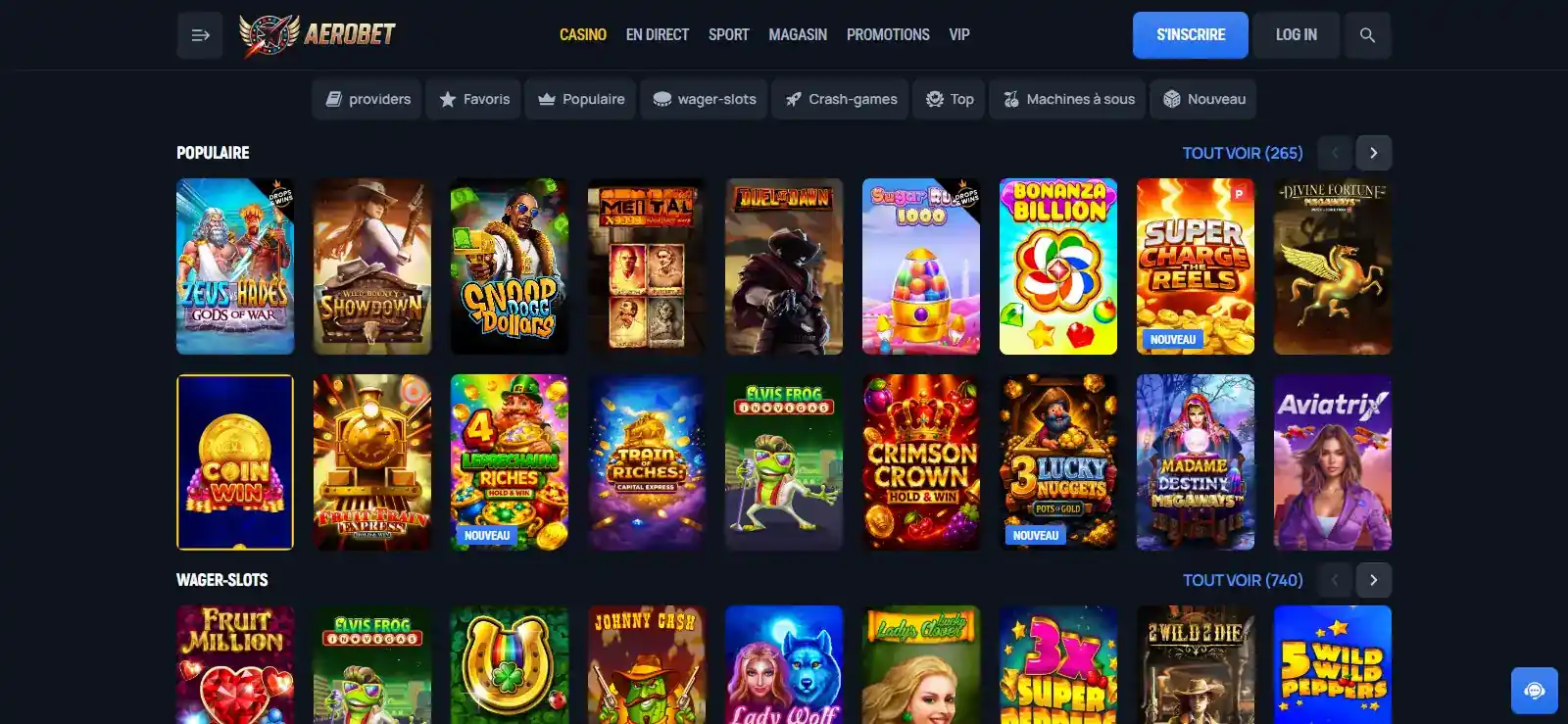 Jeux Aerobet: machines à sous, tables, live et fournisseurs