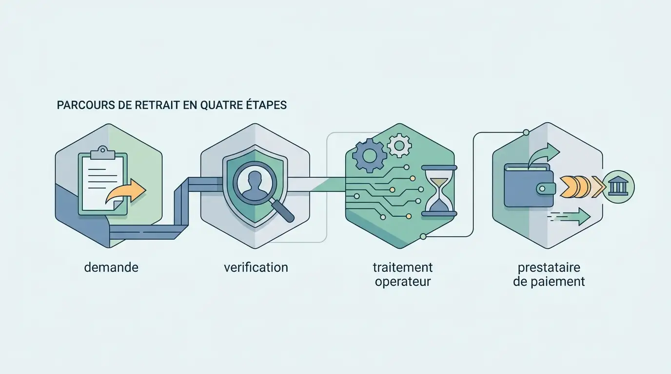Illustration du parcours de retrait Aerobet entre demande, vérification et paiement